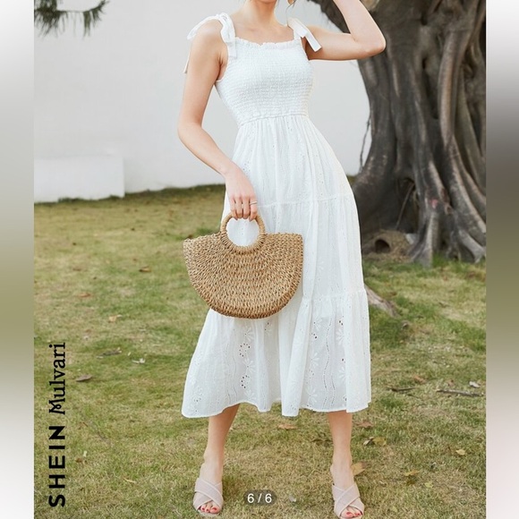 SHEIN Mulvari Shirred Knot Shoulder
Ruffle Hem Schiffy MIDI Dress Size M
White - Picture 5 of 14